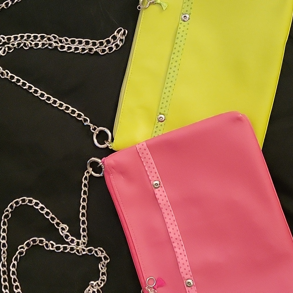 MondayMorningStudios faux leather purses with silver chain link removable strap.